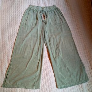 Easel Mixed Linen & Baby Rib Pants In Sage Sz Large NEW!
